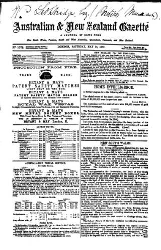 cover page of Australian and New Zealand Gazette published on May 18, 1872