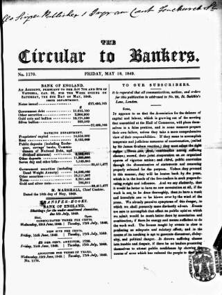 cover page of Bankers' Circular published on May 18, 1849