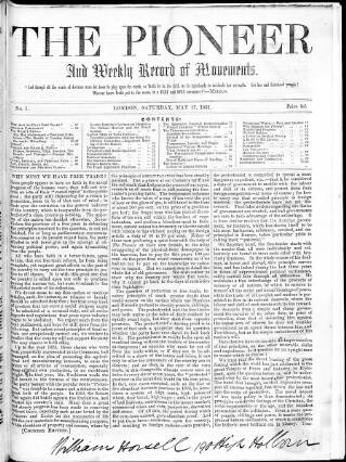 cover page of Pioneer and Weekly Record of Movements published on May 17, 1851