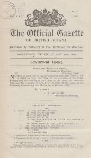 cover page of Official Gazette of British Guiana published on May 18, 1904