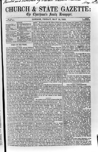 cover page of Church & State Gazette (London) published on May 18, 1855