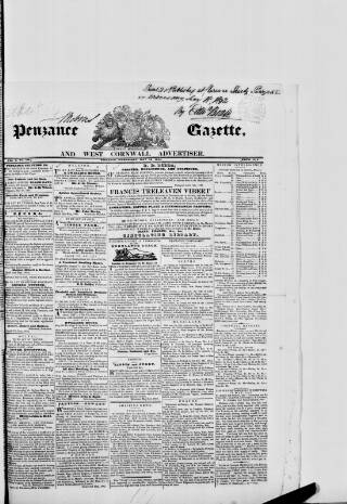 cover page of Penzance Gazette published on May 18, 1842