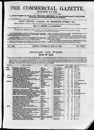 cover page of Commercial Gazette (London) published on May 18, 1882