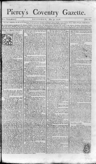 cover page of Piercy's Coventry Gazette published on May 30, 1778