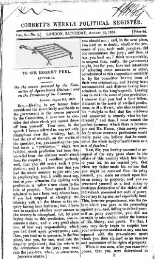cover page of Cobbett's Weekly Political Register published on August 13, 1836