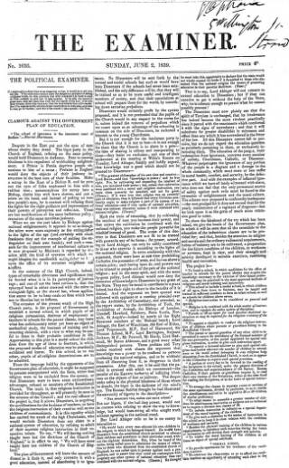 cover page of The Examiner published on June 2, 1839