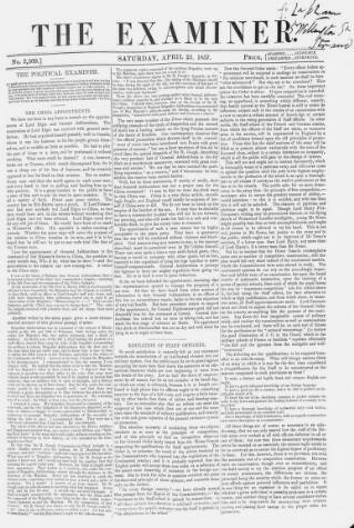 cover page of The Examiner published on April 25, 1857