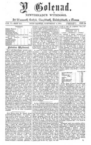 cover page of Y Goleuad published on July 4, 1874