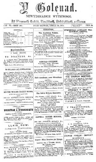 cover page of Y Goleuad published on April 24, 1875