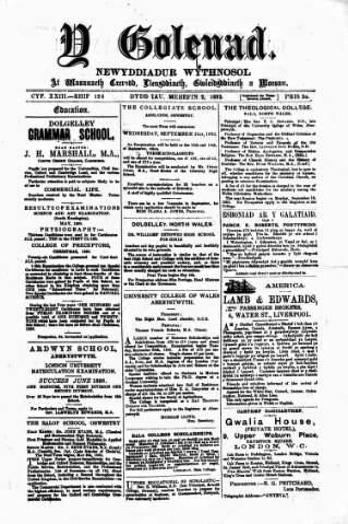 cover page of Y Goleuad published on June 2, 1892