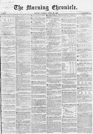 cover page of Morning Chronicle published on April 20, 1858