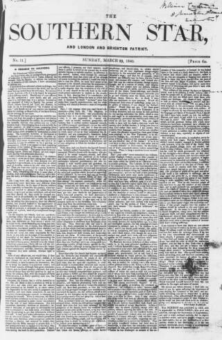 cover page of Southern Star published on March 29, 1840