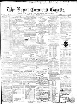 cover page of Royal Cornwall Gazette published on March 28, 1862