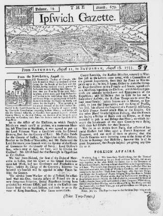 cover page of Ipswich Journal published on August 11, 1733