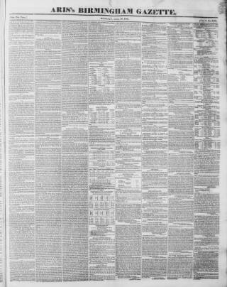 cover page of Aris's Birmingham Gazette published on April 26, 1841