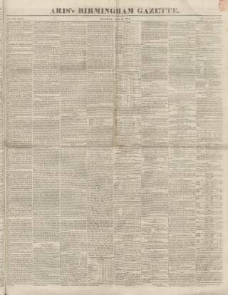 cover page of Aris's Birmingham Gazette published on April 17, 1843