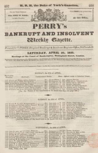 cover page of Perry's Bankrupt Gazette published on April 25, 1835
