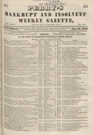 cover page of Perry's Bankrupt Gazette published on April 26, 1856