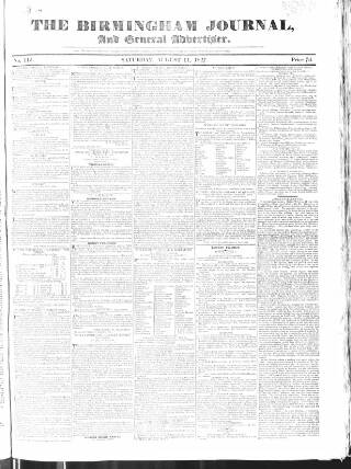 cover page of Birmingham Journal published on August 11, 1827