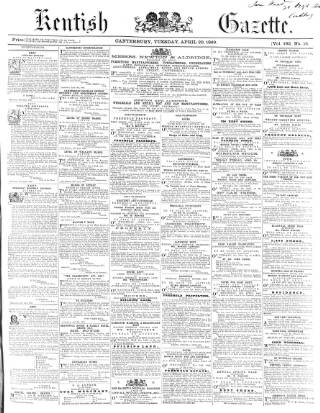 cover page of Kentish Gazette published on April 20, 1869