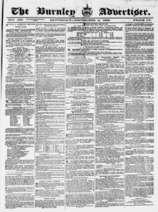 cover page of Burnley Advertiser published on December 4, 1858