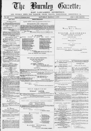 cover page of Burnley Gazette published on March 1, 1873