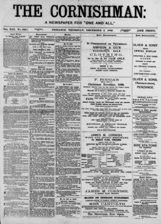 cover page of Cornishman published on December 4, 1890