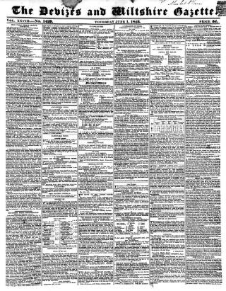 cover page of Devizes and Wiltshire Gazette published on June 1, 1843