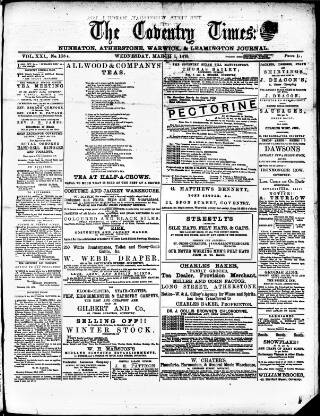 cover page of Coventry Times published on March 1, 1876