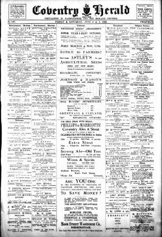 cover page of Coventry Herald published on June 2, 1922