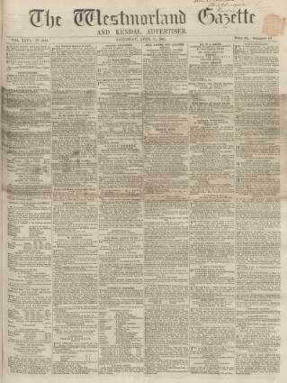 cover page of Westmorland Gazette published on April 25, 1863