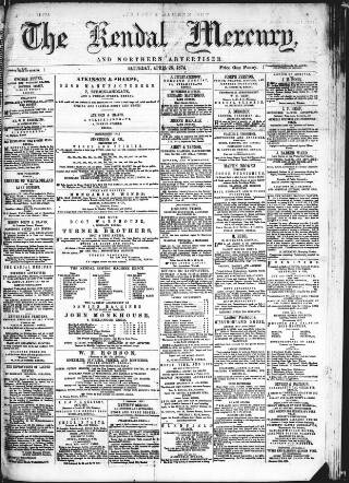 cover page of Kendal Mercury published on April 25, 1874