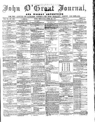 cover page of John o' Groat Journal published on April 20, 1876