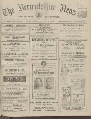 cover page of Berwickshire News and General Advertiser published on April 26, 1921