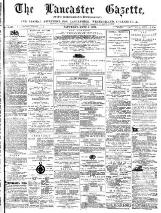 cover page of Lancaster Gazette published on June 8, 1872