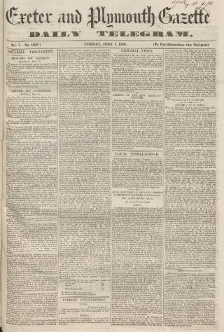 cover page of Exeter and Plymouth Gazette Daily Telegrams published on June 1, 1869