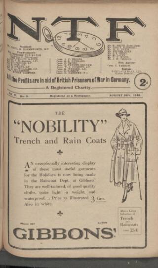 cover page of N.T.F. In Aid Of British Prisoners published on August 24, 1918