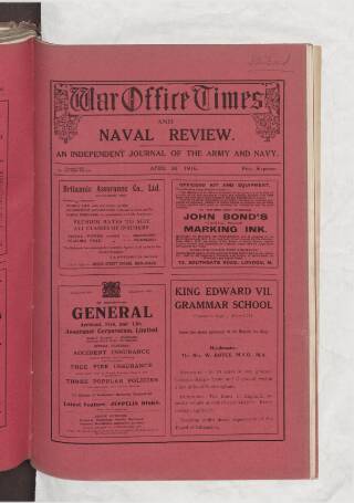 cover page of War Office Times and Naval Review published on April 30, 1916