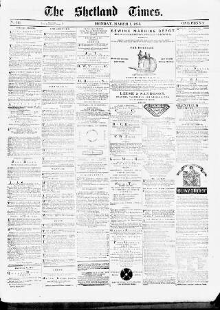 cover page of Shetland Times published on March 1, 1875