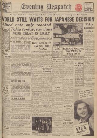 cover page of Evening Despatch published on August 13, 1945