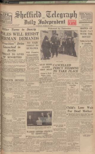 cover page of Sheffield Daily Telegraph published on March 28, 1939