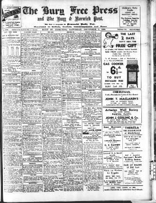 cover page of Bury Free Press published on December 3, 1938