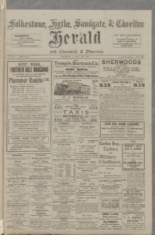 cover page of Folkestone, Hythe, Sandgate & Cheriton Herald published on August 11, 1917