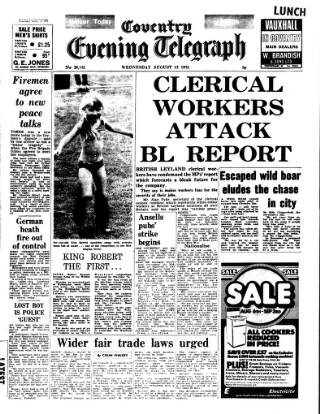 cover page of Coventry Evening Telegraph published on August 13, 1975