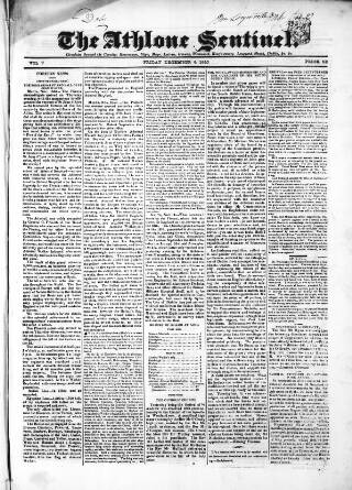 cover page of Athlone Sentinel published on December 4, 1840