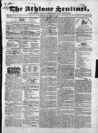cover page of Athlone Sentinel published on April 18, 1849