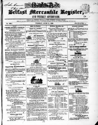 cover page of Belfast Mercantile Register and Weekly Advertiser published on June 2, 1840