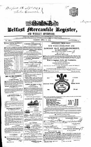 cover page of Belfast Mercantile Register and Weekly Advertiser published on April 18, 1843