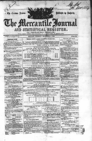 cover page of Belfast Mercantile Register and Weekly Advertiser published on December 5, 1854