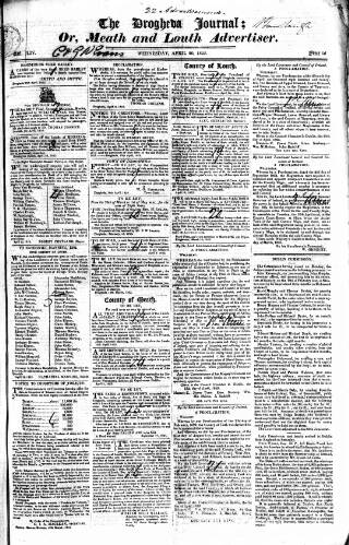 cover page of Drogheda Journal, or Meath & Louth Advertiser published on April 20, 1825